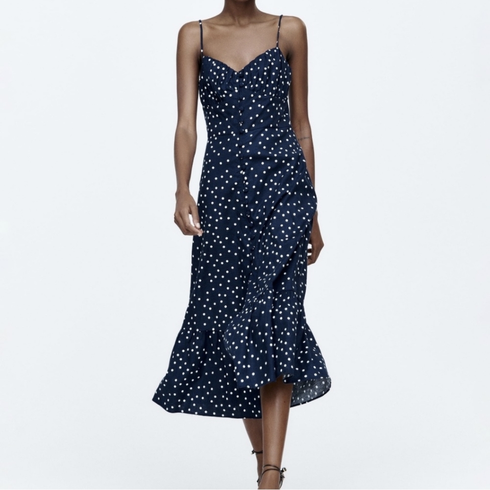 Zara Linen Blend Polka Dot Midi Dress